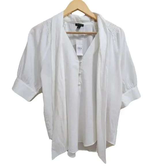 Ann Taylor Ivory Short Sleeve Neck Tie Blouse, Medium - Picture 3 of 15